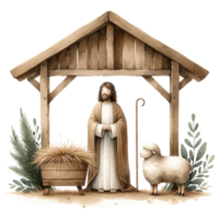 AI generated Serene watercolor depiction of the Nativity scene, with Mary and Joseph admiring Baby Jesus in the manger. png