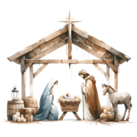 ai généré serein aquarelle représentation de le Nativité scène, avec Marie et joseph admiratif bébé Jésus dans le manger. png