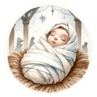 ai generiert heiter Aquarell Darstellung von das Geburt Szene, mit Maria und Joseph bewundern Baby Jesus im das Krippe. png
