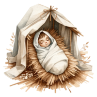 AI generated Serene watercolor depiction of the Nativity scene, with Mary and Joseph admiring Baby Jesus in the manger. png