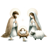 AI generated Watercolor illustration of Virgin Mary in contemplation with a glowing halo, accompanied by two doves, symbolizing peace and holiness. png