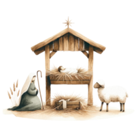 AI generated Serene watercolor depiction of the Nativity scene, with Mary and Joseph admiring Baby Jesus in the manger. png