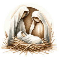 AI generated Serene watercolor depiction of the Nativity scene, with Mary and Joseph admiring Baby Jesus in the manger. png