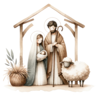 AI generated Serene watercolor depiction of the Nativity scene, with Mary and Joseph admiring Baby Jesus in the manger. png