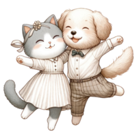 ai generato coppia gatto e cane vestito nel elegante abbigliamento, condivisione un' dolce, affettuoso momento insieme. png