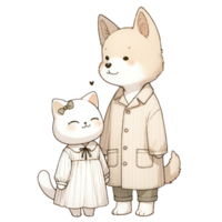 ai gerado casal gato e cachorro vestido dentro elegante traje, partilha uma doce, afetuoso momento junto. png