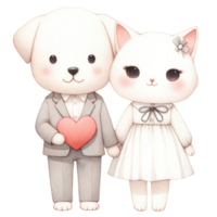 ai gerado casal gato e cachorro vestido dentro elegante traje, partilha uma doce, afetuoso momento junto. png