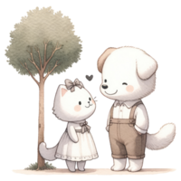 AI generated Couple cat and dog dressed in elegant attire, sharing a sweet, affectionate moment together. png