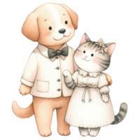 ai gerado casal gato e cachorro vestido dentro elegante traje, partilha uma doce, afetuoso momento junto. png