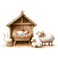 AI generated Serene watercolor depiction of the Nativity scene, with Mary and Joseph admiring Baby Jesus in the manger. png