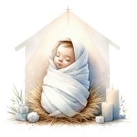 AI generated Serene watercolor depiction of the Nativity scene, with Mary and Joseph admiring Baby Jesus in the manger. png