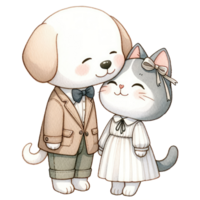 ai generado Pareja gato y perro vestido en elegante atuendo, compartiendo un dulce, cariñoso momento juntos. png