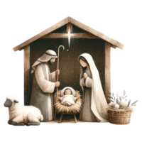 AI generated Serene watercolor depiction of the Nativity scene, with Mary and Joseph admiring Baby Jesus in the manger. png