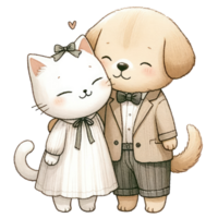 ai generato coppia gatto e cane vestito nel elegante abbigliamento, condivisione un' dolce, affettuoso momento insieme. png