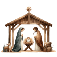 AI generated Serene watercolor depiction of the Nativity scene, with Mary and Joseph admiring Baby Jesus in the manger. png