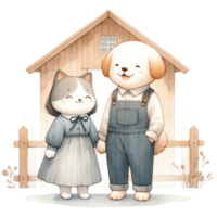 AI generated Couple cat and dog dressed in elegant attire, sharing a sweet, affectionate moment together. png