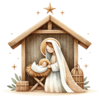 ai generiert heiter Aquarell Darstellung von das Geburt Szene, mit Maria und Joseph bewundern Baby Jesus im das Krippe. png