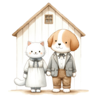 ai generado Pareja gato y perro vestido en elegante atuendo, compartiendo un dulce, cariñoso momento juntos. png