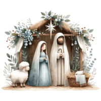 AI generated Serene watercolor depiction of the Nativity scene, with Mary and Joseph admiring Baby Jesus in the manger. png