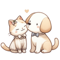 ai generado Pareja gato y perro vestido en elegante atuendo, compartiendo un dulce, cariñoso momento juntos. png