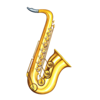 a dourado saxofone. a aguarela ilustração é desenhado à mão. isolar. para cartazes, folhetos e convite cartões. para faixas e cartões postais. para logotipos, Distintivos, adesivos e imprime. png