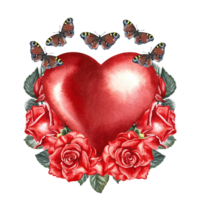 A red watercolor heart decorated with roses and butterflies. Hand-drawn watercolor illustration. For Valentine's Day cards, wedding invitations. For packaging, labels and posters, flyers and prints. png