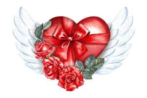A red watercolor heart as a gift, decorated with a bow, roses and white wings. Hand-drawn watercolor illustration. For a Valentine's Day card, a wedding. For packaging, posters and flyers, prints. png