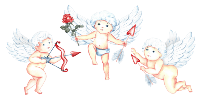 ein einstellen von Niedlich, bezaubernd bezaubernd Amoretten mit Pfeile und ein Bogen. wenig Engel oder das Gott Eros. ein handgemalt Aquarell Illustration. zum Valentinstag Tag und Hochzeit. zum Postkarten, Drucke, Verpackung. png