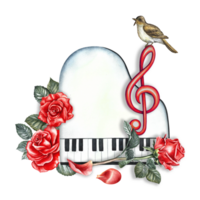 The piano is white, top view, with red roses and a treble clef. The watercolor illustration is hand-drawn. For posters, flyers and invitation cards. For postcards, logos, badges, stickers and prints. png