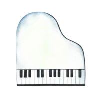 The piano is white, top view. The watercolor illustration is hand-drawn. Isolate. For posters, flyers and invitation cards. For banners and postcards. For logos, badges, stickers and prints. png