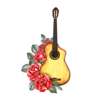 A guitar decorated with red roses. The watercolor illustration is hand-drawn. Isolate it. For posters, flyers and invitation cards. For banners and postcards. For logos, badges, stickers and prints. png