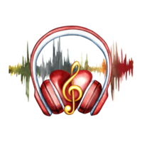 A heart in the headphones at the frequency of the audio signal. The watercolor illustration is hand-drawn. For posters, flyers and invitation cards. For postcards, logos, badges, stickers and prints. png