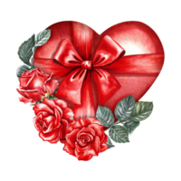 un rojo acuarela corazón como un regalo, decorado con un arco y rosas. dibujado a mano acuarela ilustración. para San Valentín día tarjetas, Boda invitaciones para embalaje, etiquetas, carteles y volantes, huellas dactilares. png