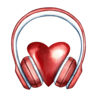 A heart in red headphones. The watercolor illustration is hand-drawn. Isolate it. For posters, flyers and invitation cards. For banners and postcards. For logos, badges, stickers and prints. png