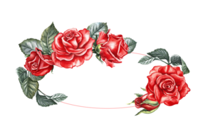 oval ram med röd rosor. ritad för hand vattenfärg illustration. blomma kort design. ett inbjudan till en bröllop, en skönhet salong, en födelsedag, ett elegant hälsning kort. för förpackning, posters och flygblad. png