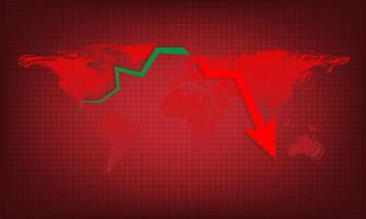 Green upper graph and break down to red arrow graph drop arrow down with world map on red background. Money losing. Stock crisis and finance concept. vector