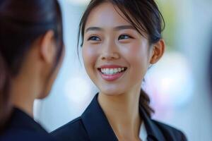 AI generated Young Japanese smiling woman in jacket. Business friendly negotiations photo