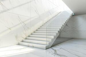 AI generated Luxury white marble L shape stairway with glass. Interior background. photo