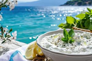 AI generated Close up view of tzatziki on Greek table, sea in background. photo