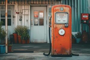 ai generado antiguo gas bomba en el ajuste de un retro gas estación foto