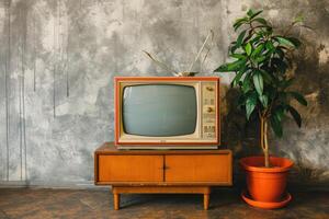 AI generated Vintage TV against retro wall. photo