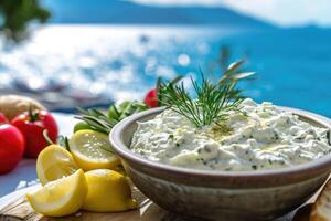 AI generated Close up view of tzatziki on Greek table, sea in background. photo