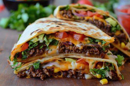 ai generado hecho en casa carne de vaca crujido envolver supremo. supremo nachos cortar en medio y apilado en cada otro foto