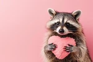 AI generated Cute happy raccoon holding stuffed heart shape in hands isolated on pastel pink background, copy space photo