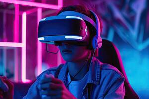 ai generado futuro digital tecnología juego y entretenimiento, adolescente teniendo divertido jugando en vr virtual realidad, futurista neón color antecedentes foto