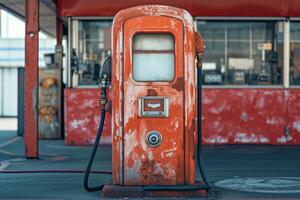 ai generado antiguo gas bomba en el ajuste de un retro gas estación foto