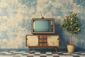 AI generated Vintage TV against retro wall. photo