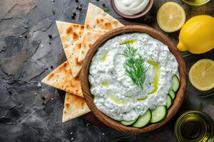 AI generated Traditional Greek Tzatziki dip sauce made with cucumber sour cream, Greek yogurt, lemon juice, olive oil and a fresh sprig of dill weed. Served with toasted Pita bread. photo