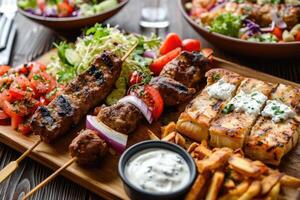 AI generated Fried souvlaki, greek salad and tzatziki on wooden table photo