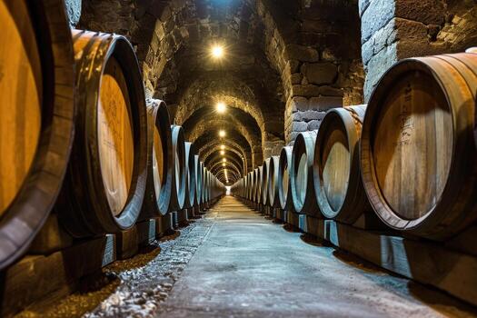 AI generated Wooden oak Port barrels in neat rows photo